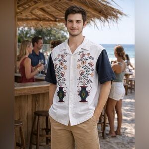 AECA Egyptian Flower Bottle Unisex Cabana Camp Shirt White Navy Blue Size M